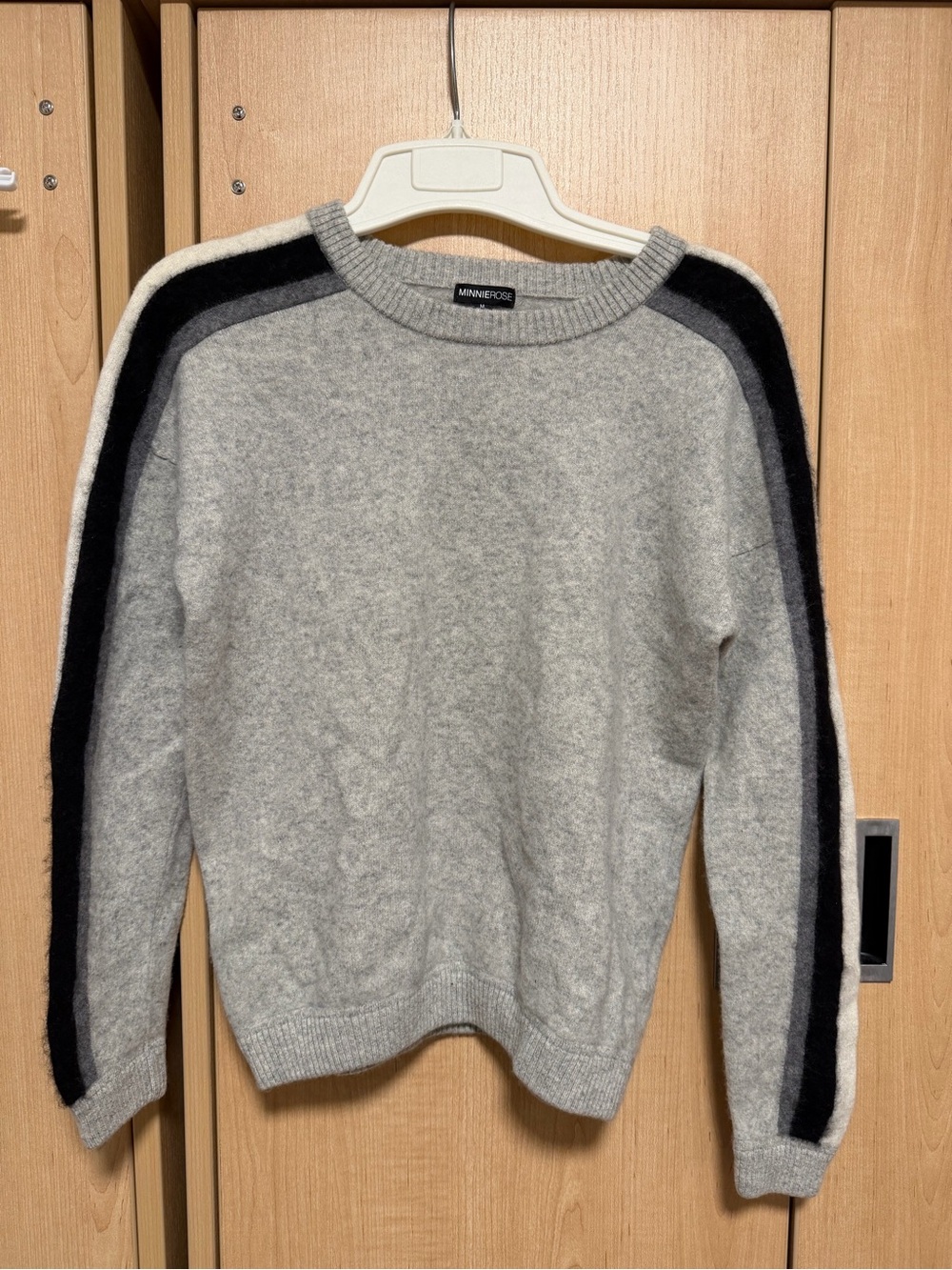 Minnie Rose Gray Crewneck Sweater with Black and Cream Shoulder Stripes